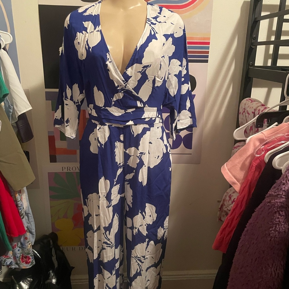 Blue and White Floral Jumpsuit